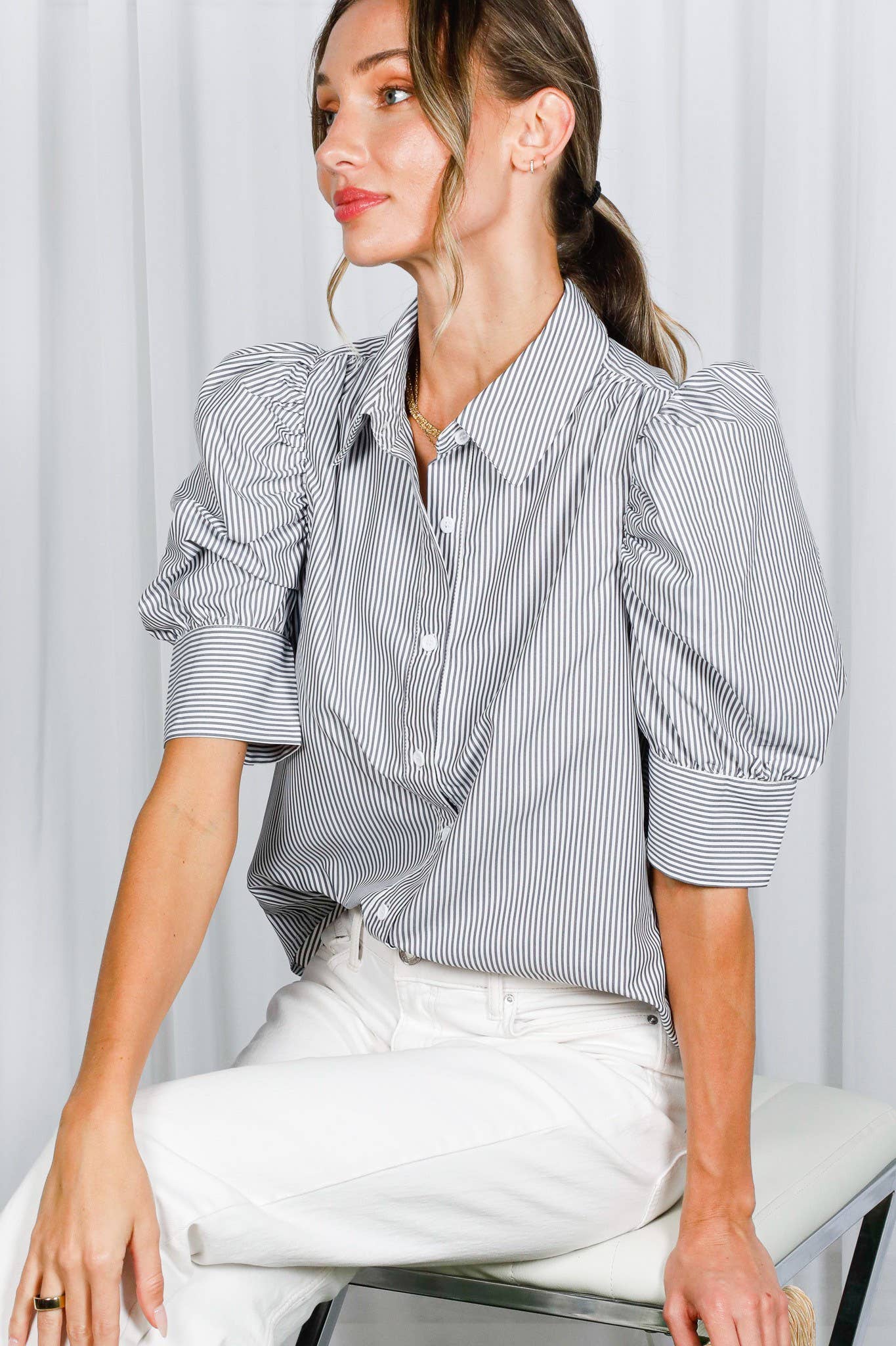 Collared Neck Short Puff Sleeve Striped Blouse