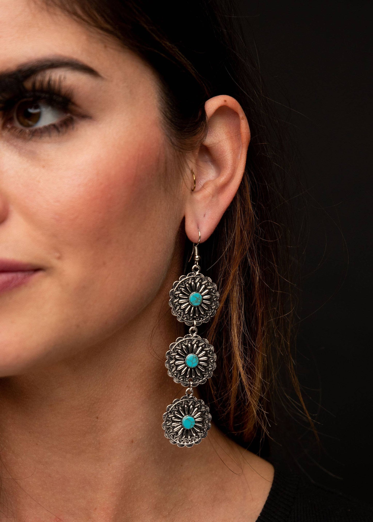 Silver & Turquoise Flower Concho Earring