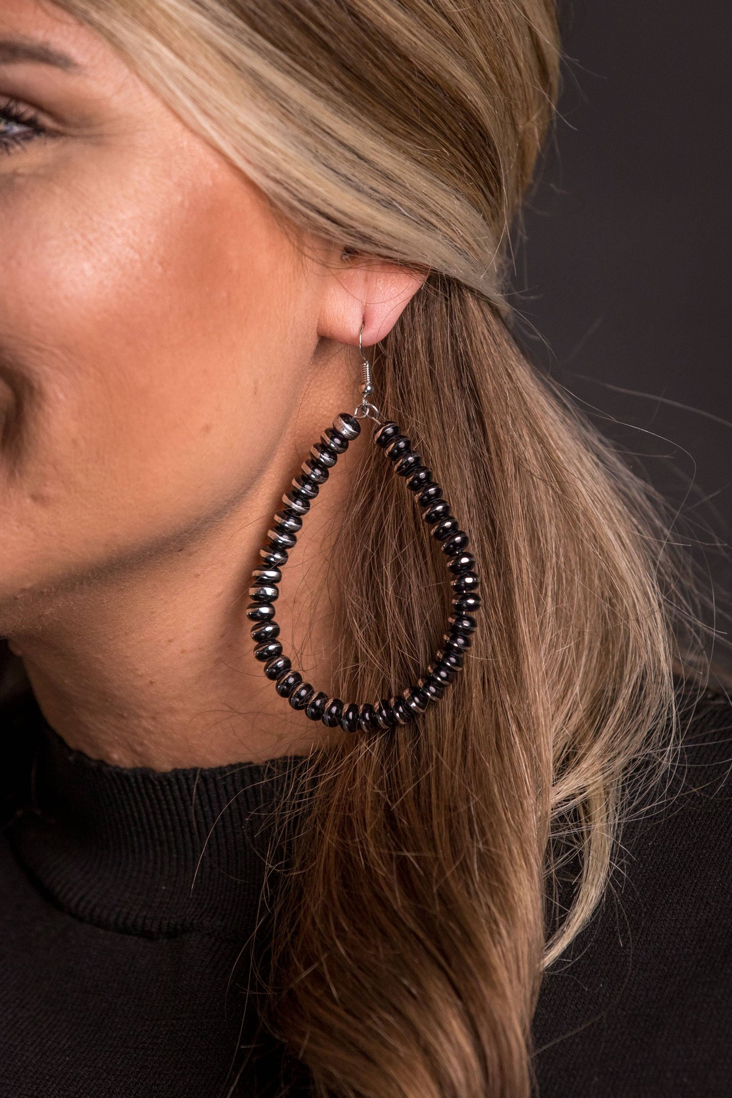 Silver & Black Bead Teardrop Earring
