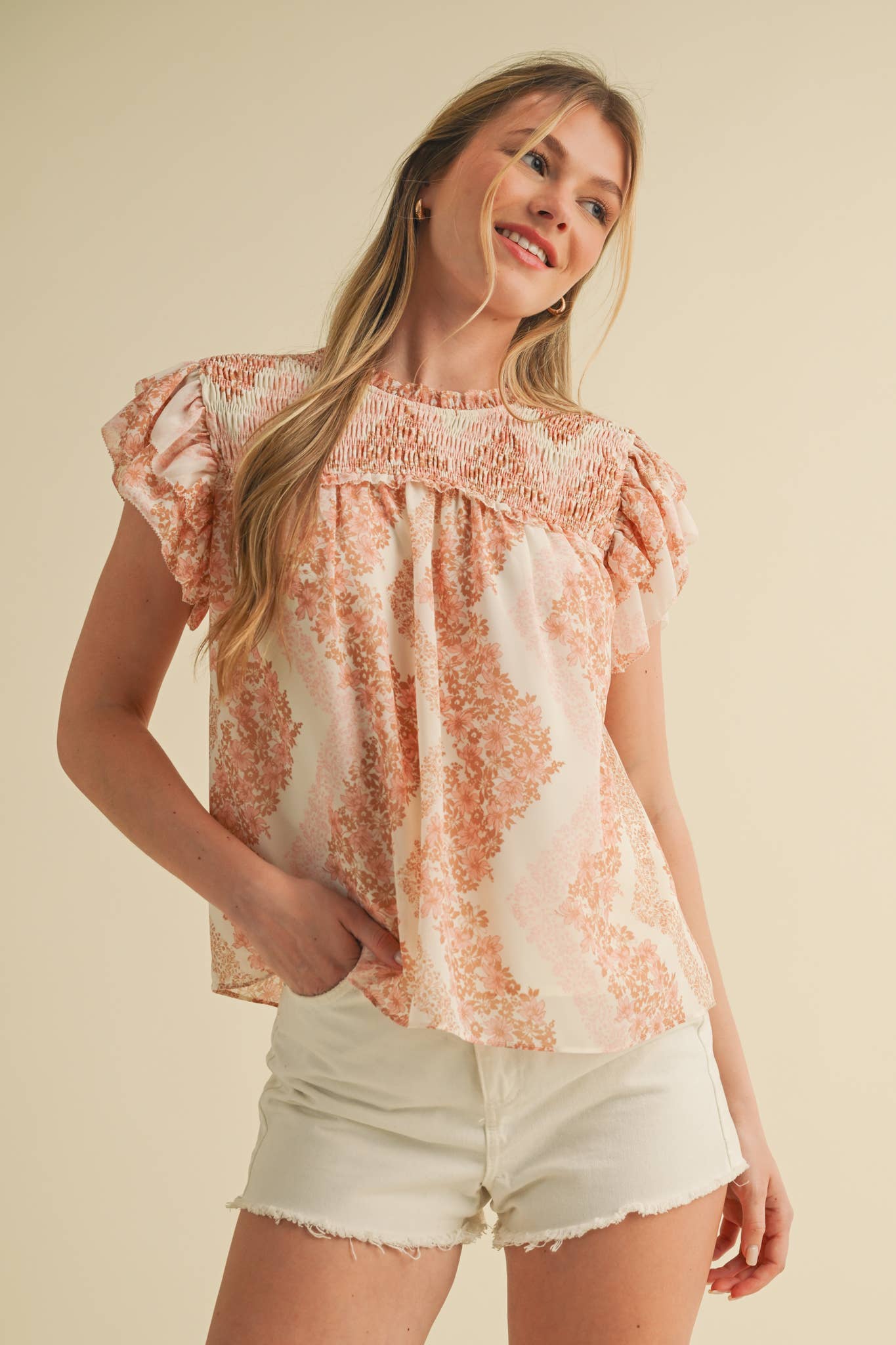 SMOCKED YOKE RUFFLE TRIM