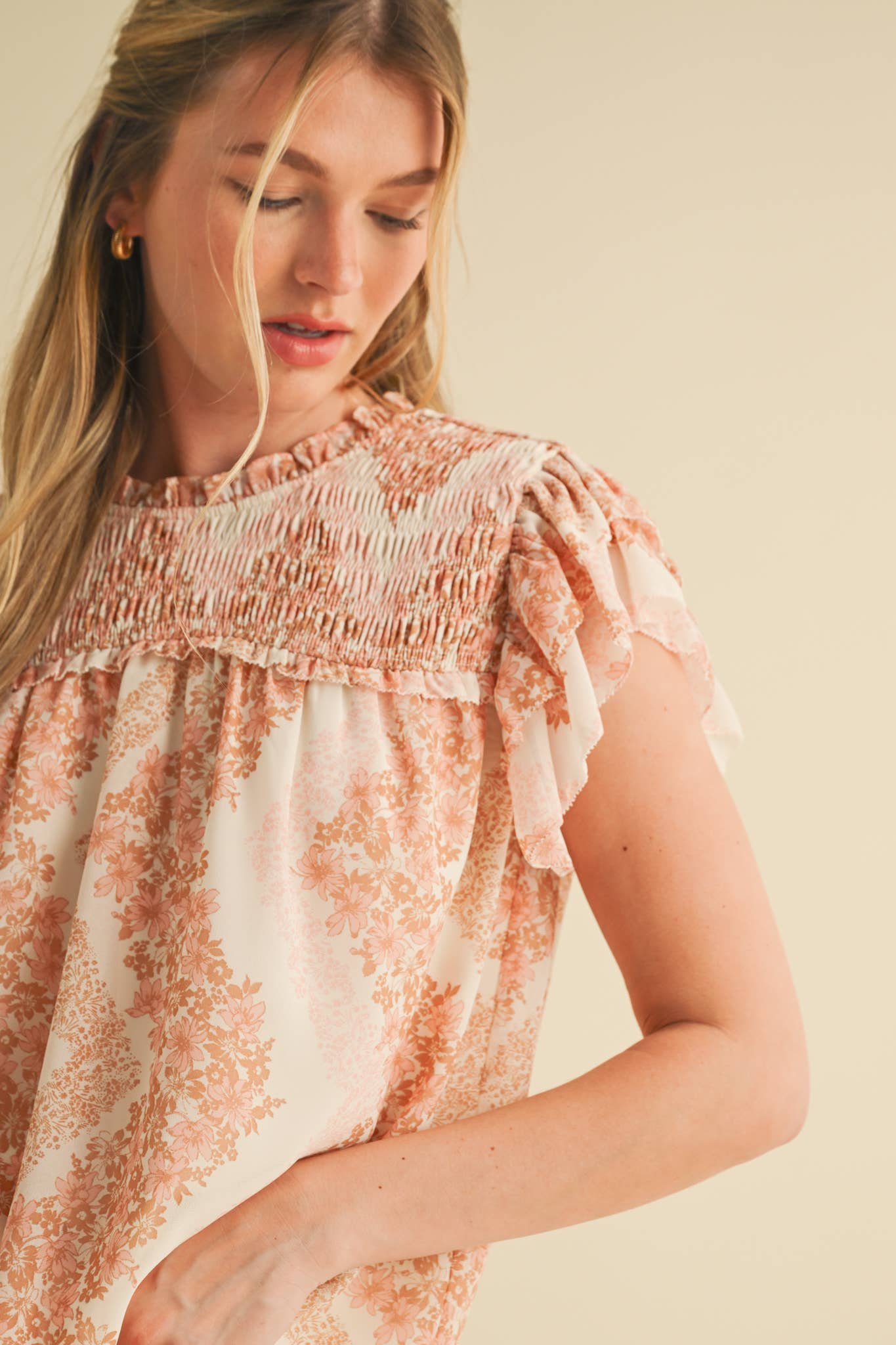 SMOCKED YOKE RUFFLE TRIM