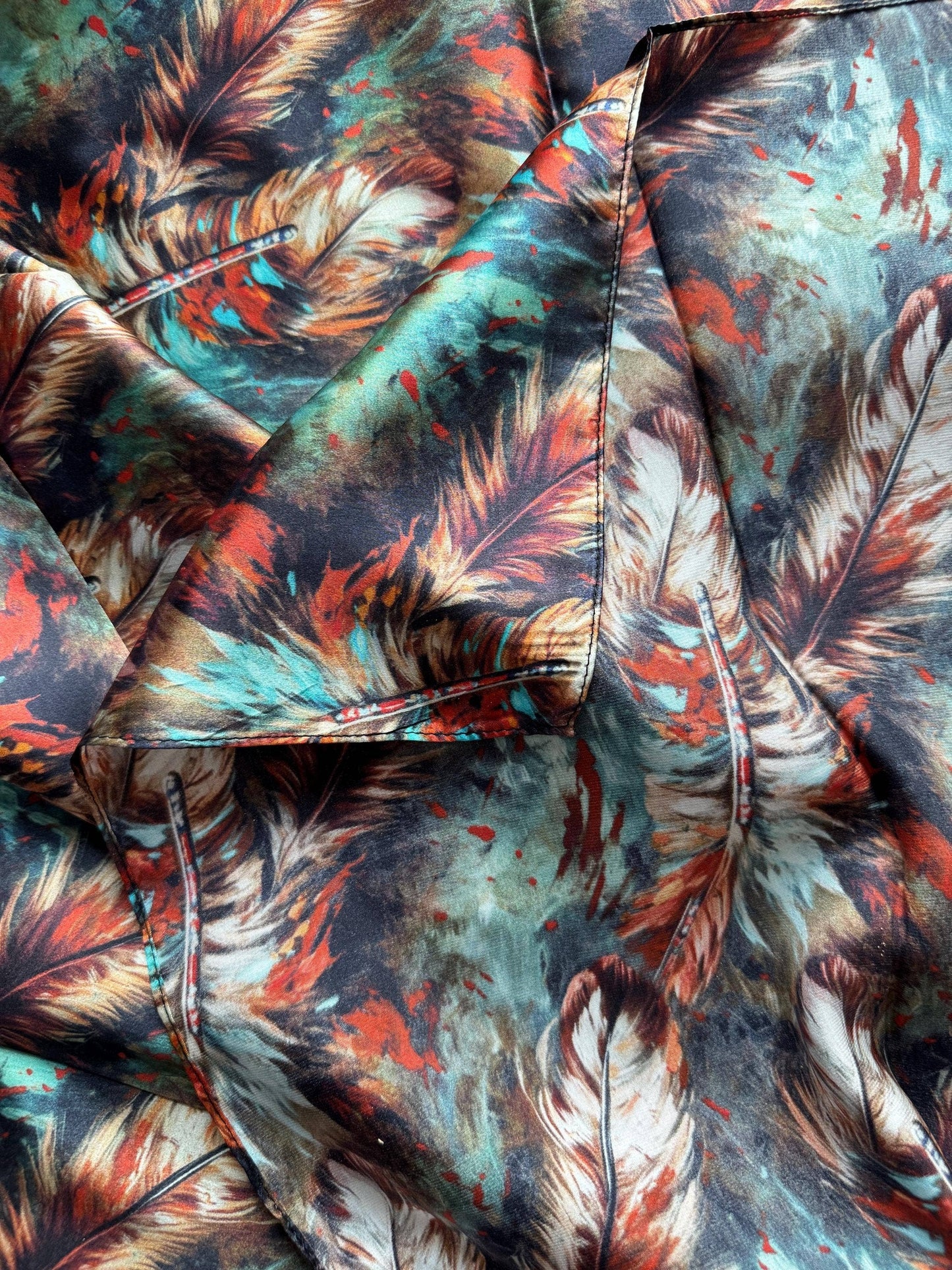 Wild Rag Deep Rust Brown and Teal Feathers