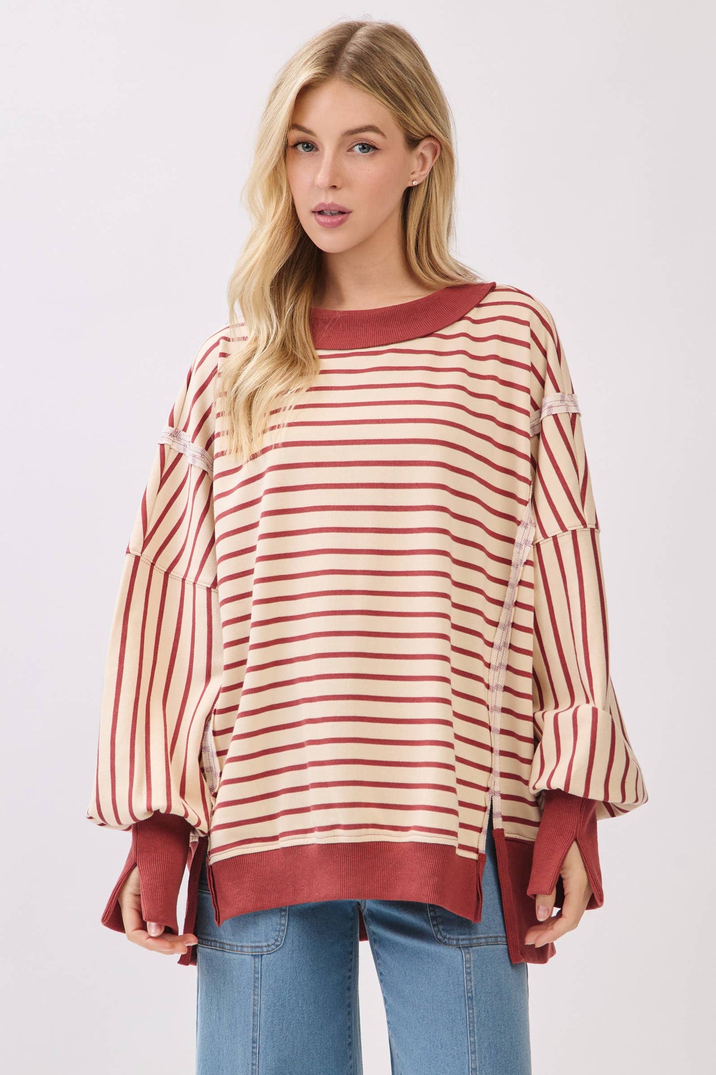 Striped Balloon Sleeve Sweatshirt