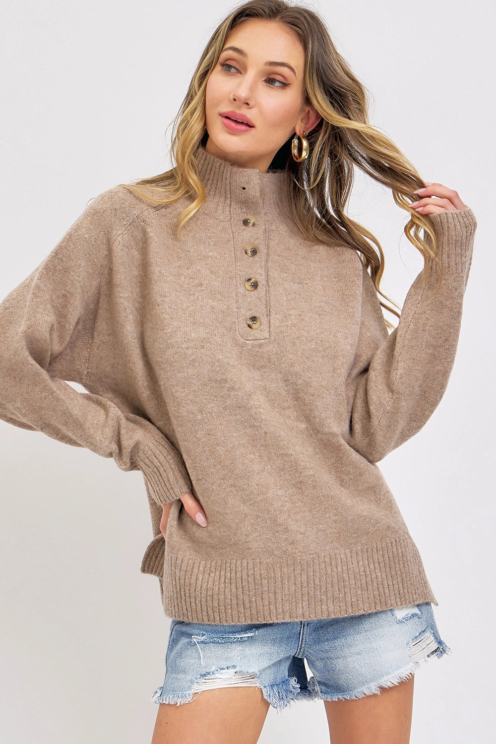Ribbed Button Front Sweat