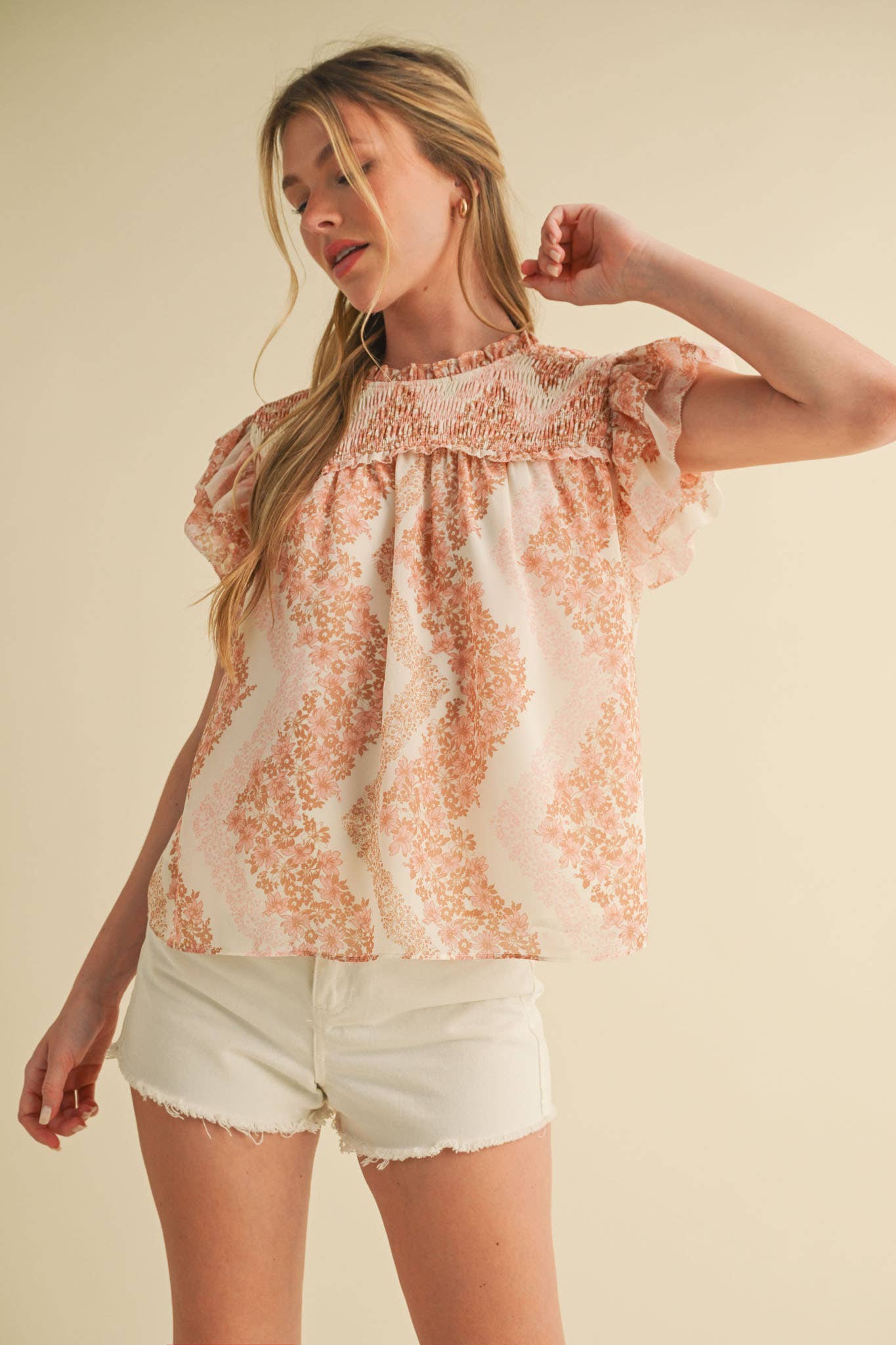 SMOCKED YOKE RUFFLE TRIM