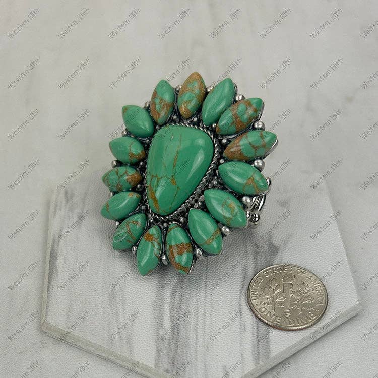 Silver metal with green stone flower stretch Ring