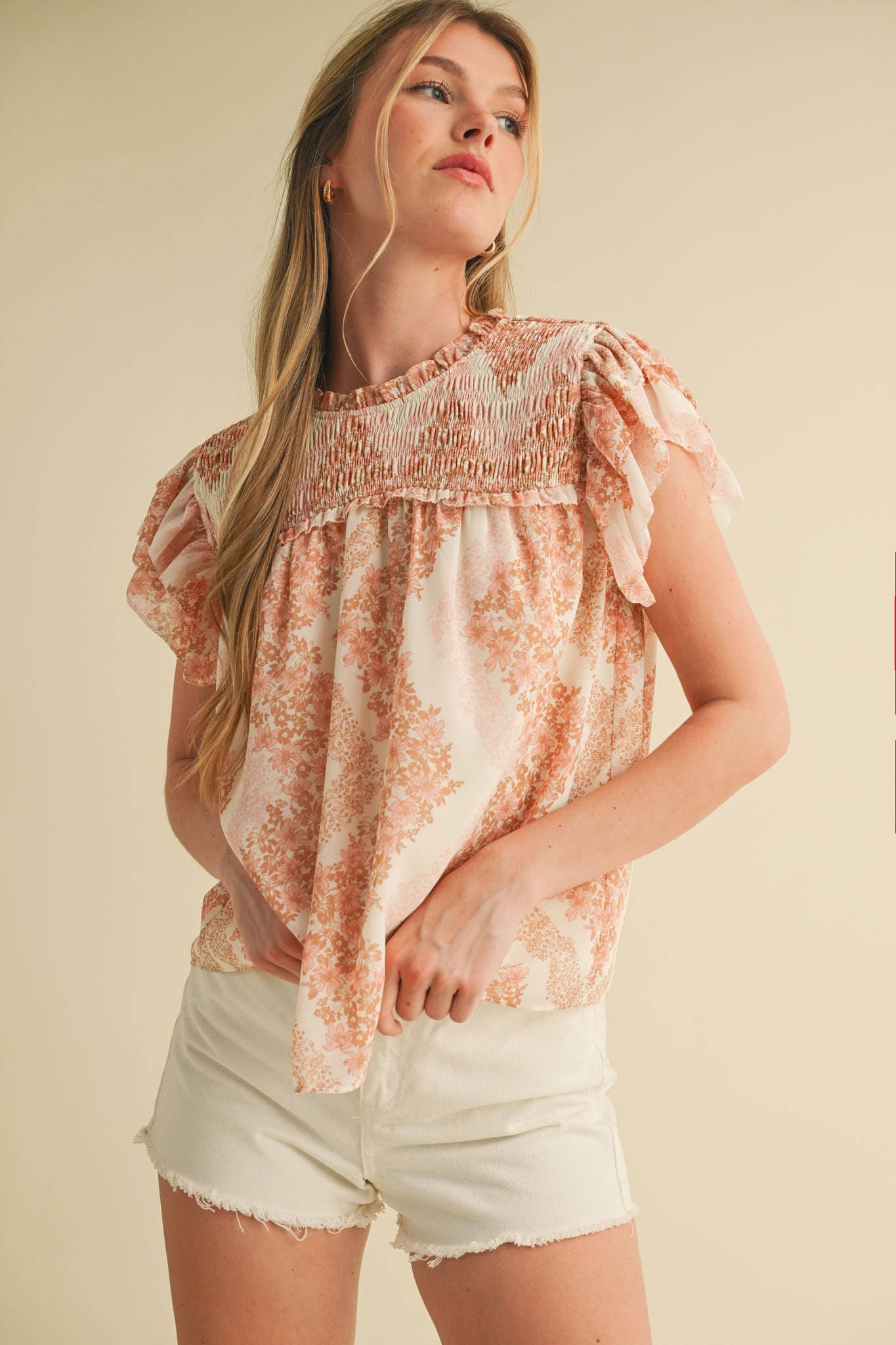SMOCKED YOKE RUFFLE TRIM