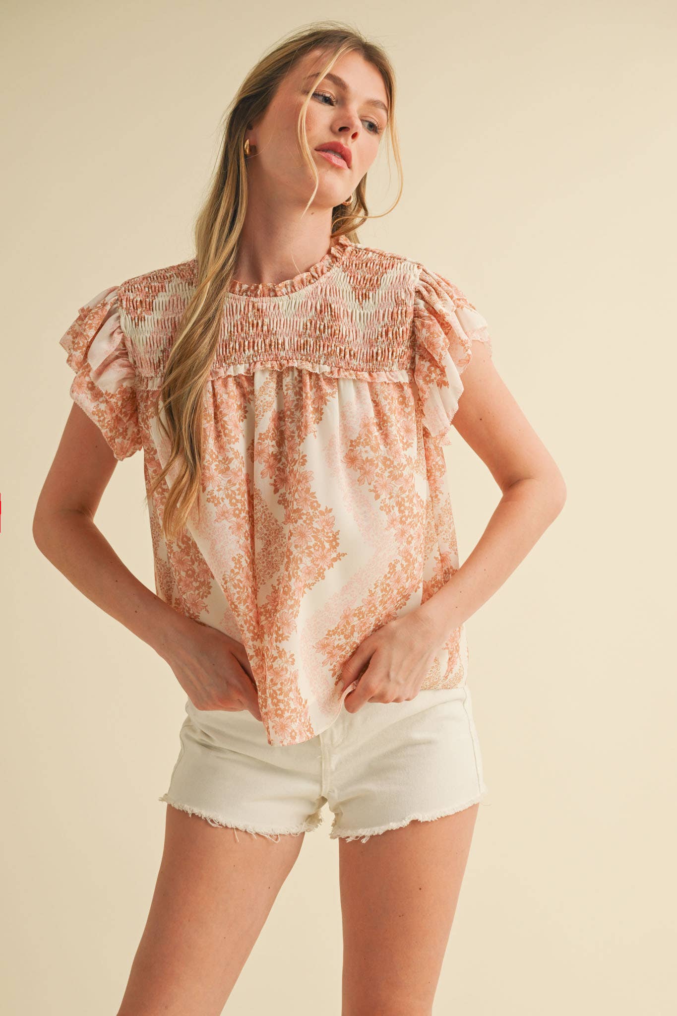 SMOCKED YOKE RUFFLE TRIM