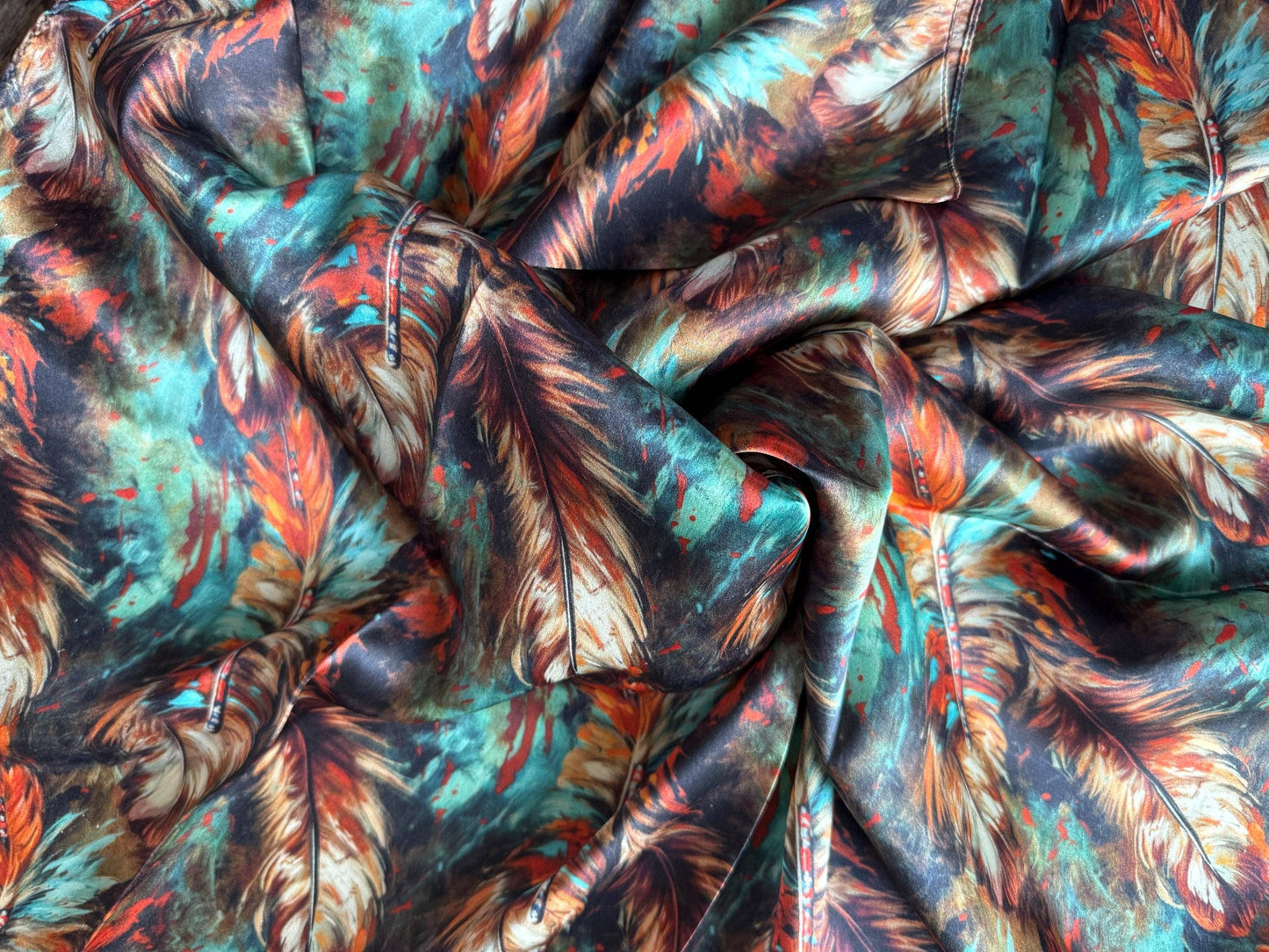 Wild Rag Deep Rust Brown and Teal Feathers