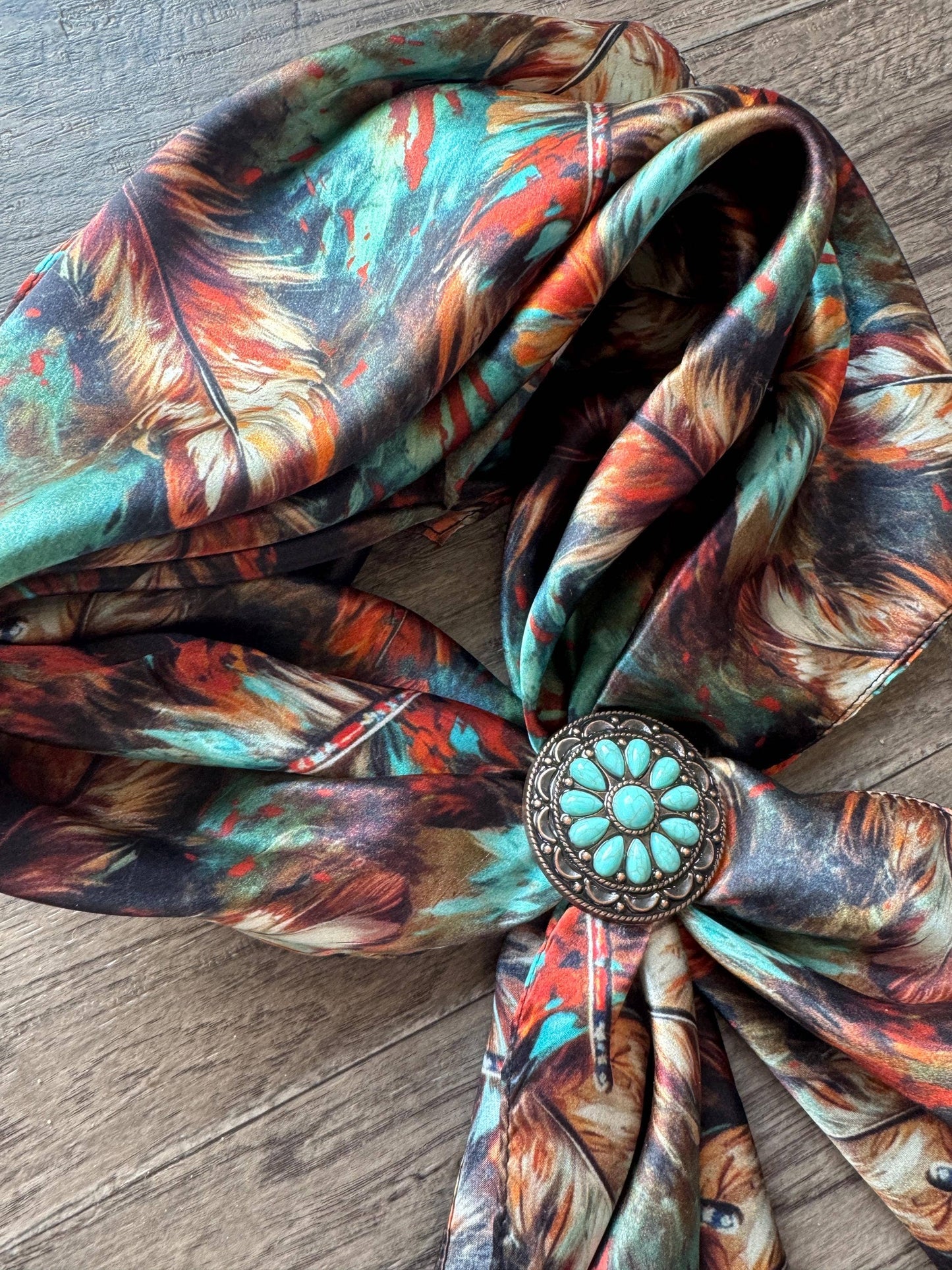 Wild Rag Deep Rust Brown and Teal Feathers