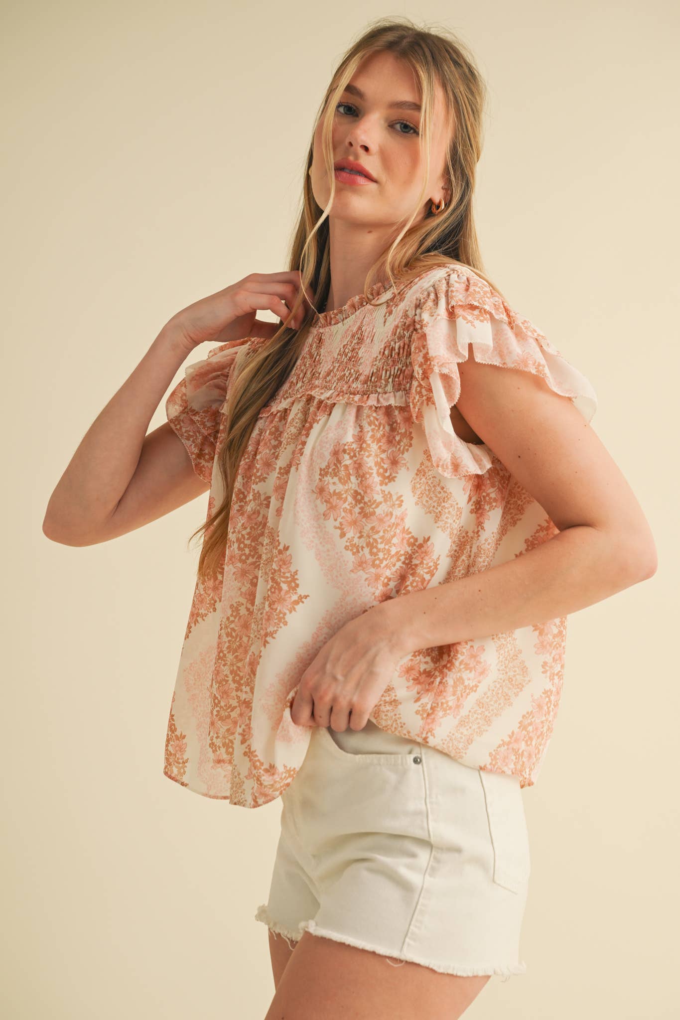 SMOCKED YOKE RUFFLE TRIM