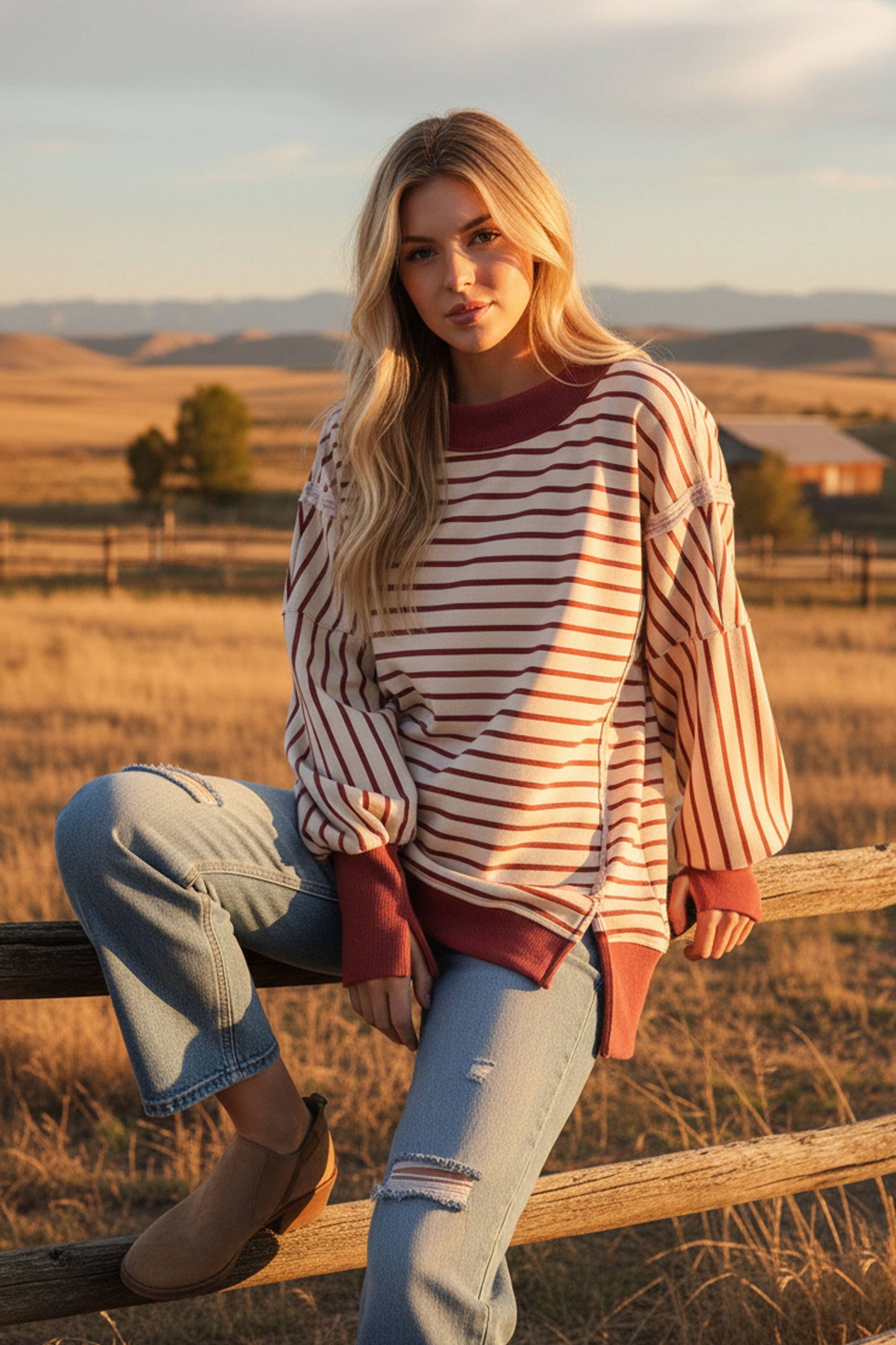 Striped Balloon Sleeve Sweatshirt