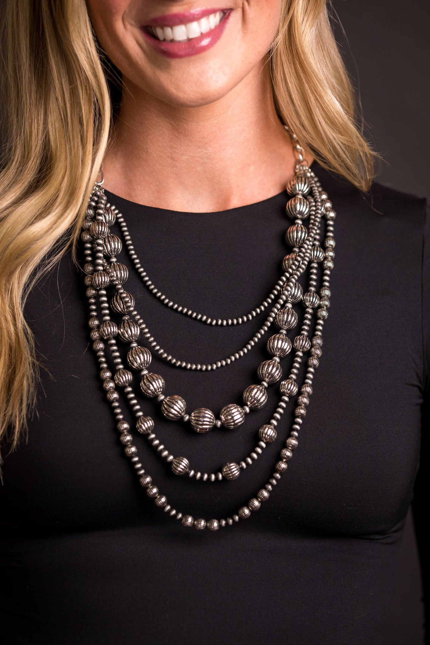 5 Pc Silver Melon Bead Necklace