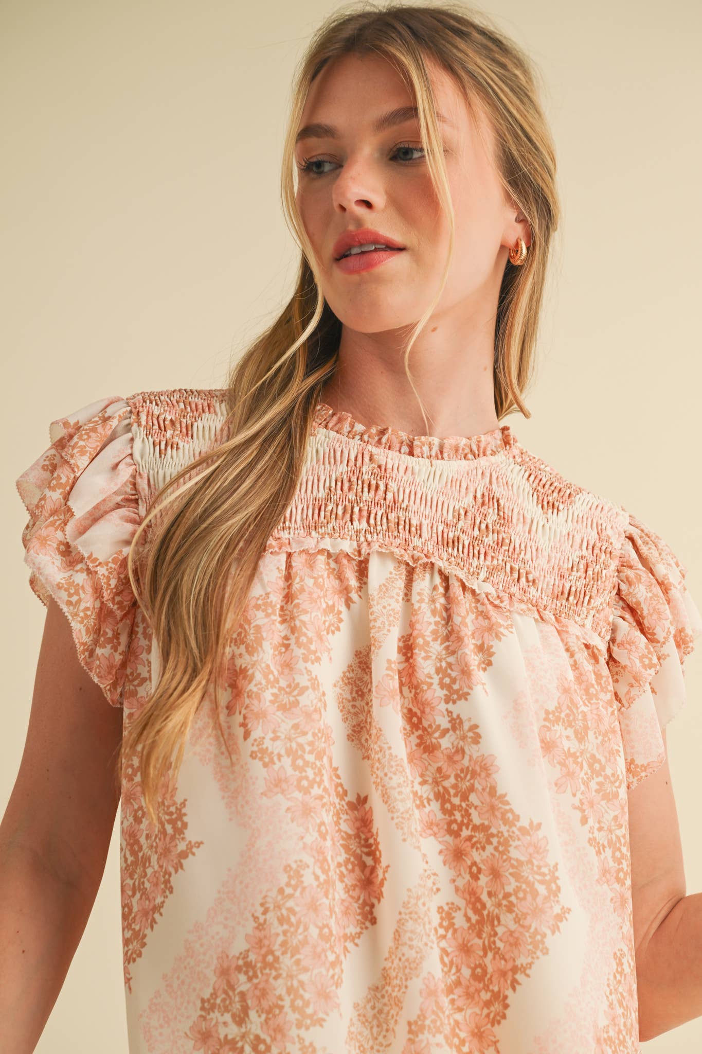 SMOCKED YOKE RUFFLE TRIM