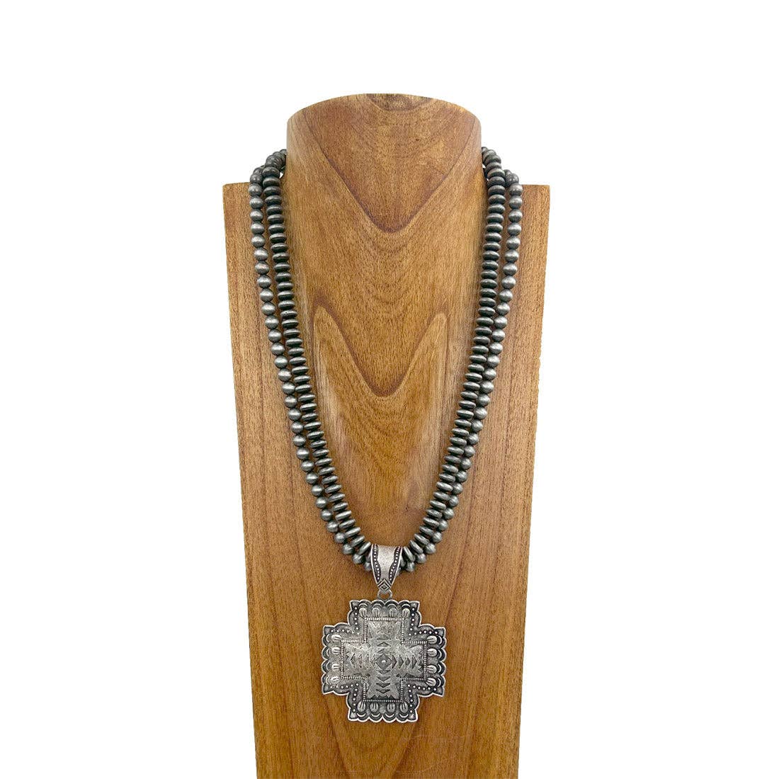 24" Double Strand Silver Navajo Pearl w/ Cross