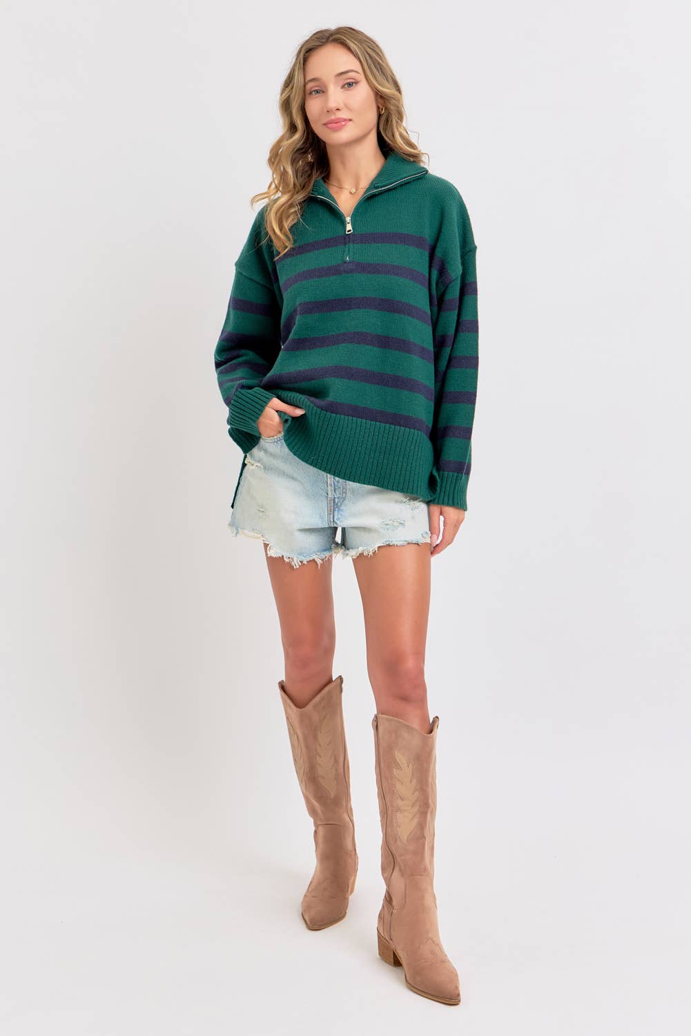 STRIPED ZIP-FRONT OVERSIZED PULLOVER KNIT SWEATER: HUNTER/NAVY